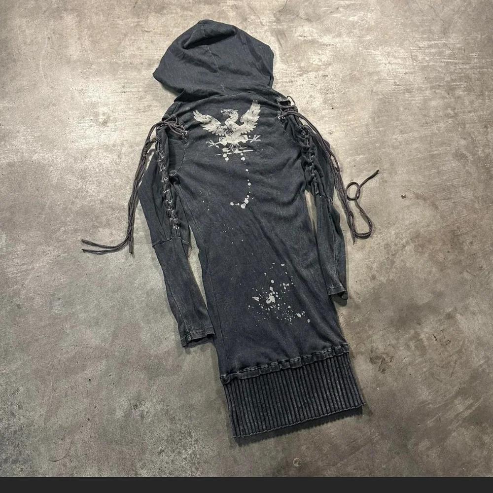 Salvage Vintage Y2K Black Hooded Dress With INSANE GRAPHICS!! M - Picture 3 of 7